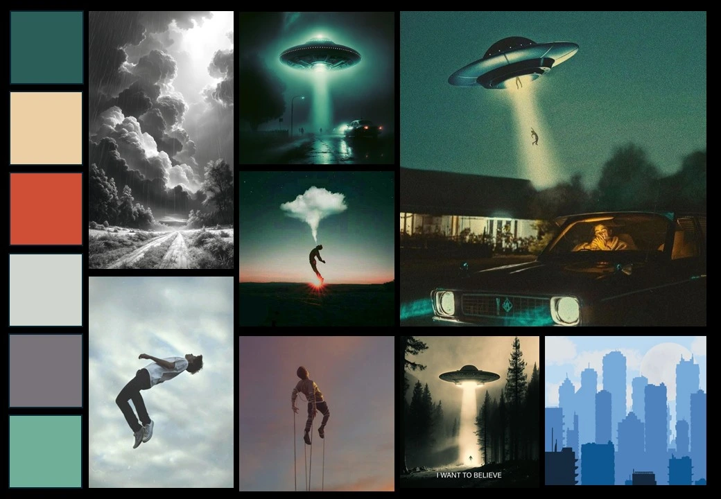 2025.01.15_Vision Board Why That moodboard. Includes images of UFOs and alien abductions.